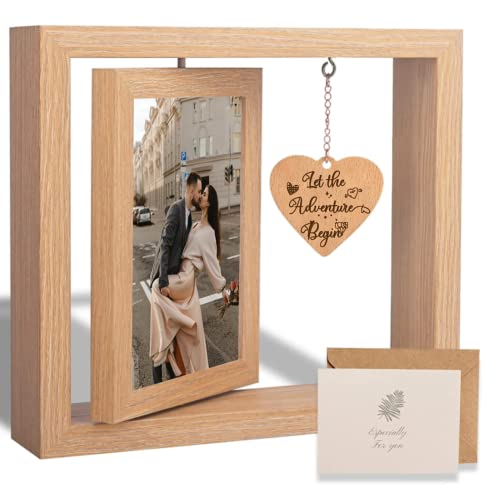 Rotating Floating Let the Adventure Begins Picture Frame, Engagement Gifts for Couples, Rustic 4x6 Floating Picture Frames Cool Wedding Bride to Be Bridal Shower Gifts for Couples Unique 2023 (Romantic Engagement Picture Frames)