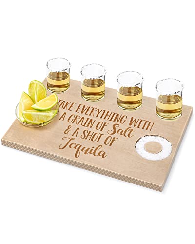 Tequila Shot Board Serving Tray, Huray Rayho Shot Glass Holder Display Storage Shot Glasses with Salt Rim Bar Wooden Tray for Liquor Birthday Party Wedding Housewarming Men Women Gifts - Natural