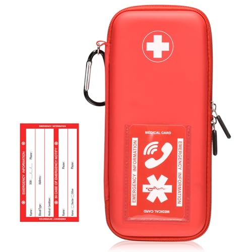 Fukumi EpiPen Carry Case, Hard Emergency Medical Bag with Carabiner-for 2 EpiPens, Asthma Inhaler, Auvi-Q,Eye Drops,Anti-Histamine,Allergy Medication,Diabetes Travel Case for Adults and Kids,Red