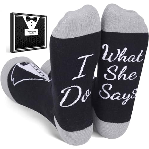 HAPPYPOP Groom Gifts, Wedding Socks for Groom I DO Socks with Funny Saying, Black Tuxedo Socks