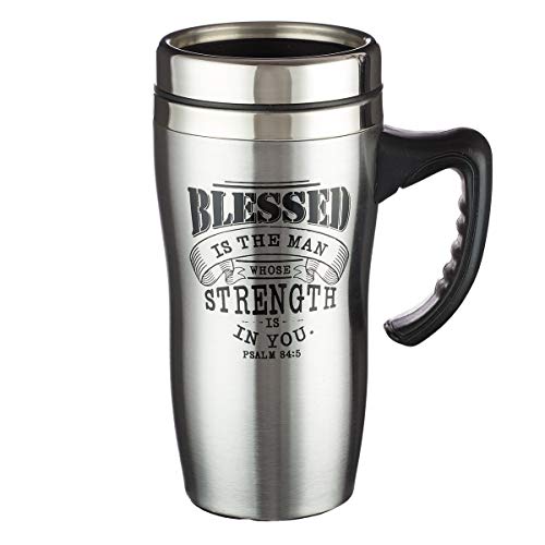 Christian Art Gifts Stainless Steel Travel Mug Double-Wall Vacuum Insulated Coffee Cup with Lid and Handle 16 oz BPA-free Lead-free Eco-Friendly Mug - Blessed Is The Man - Psalm 84:5