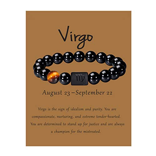 VLINRAS Zodiac Virgo Bracelet for Men Women Virgo Gifts Natural Black Onyx Stone Zodiac Charm Bracelet Constellation Horoscope Jewelry