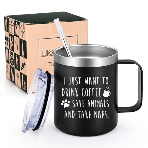 LiqCool I Just Want to Drink Coffee Save Animals Mug, Gifts for Animal Lovers, Veterinary Vet Tech Gifts for Women Men, Pet Dog Cat Lovers Gifts, Veterinarian Gifts for Christmas Birthday(12Oz Black)
