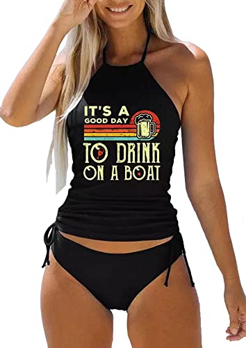 Womens It's A Good Day to Drink On A Boat Halter Tankini Set Funny Drawstring Graphic Two-Piece Tankini Set(M,Black-2)