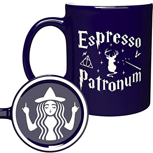 NM NEXTMUG Engraved Ceramic Blue Coffee Mug - Espresso Patronum With Funny Bottom Design - 11 fl.oz - Inspirational and sarcasm Mothers Fathers Day Gift Cup for Bonus Grand Mom Dad