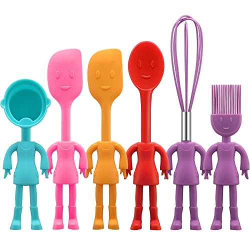 Human Shaped Kitchen Utensils Set 6 Piece Non Stick Heat Resistant Baking Tools Kitchen Gadgets Silicone Cute Utensils with Comfortable Grip Handle, Dishwasher Easy Clean and Stand up Kitchenware