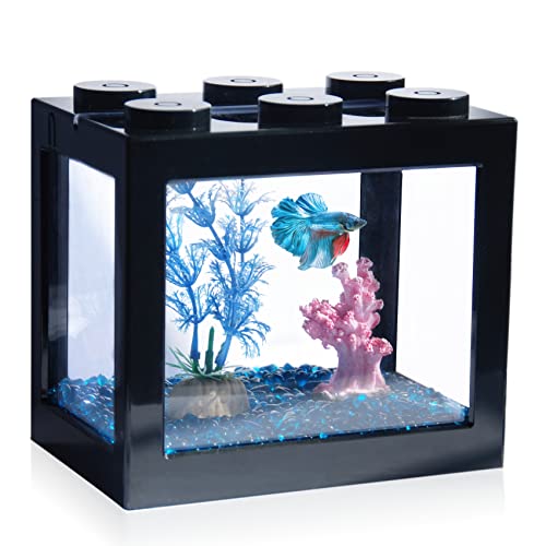 Tsxurepaw Small Betta Fish Tank, Stackable Mini Fish Tank Aquarium Tank Kit, 3/5 Gallon Rectangular Fish Bowl with Aquarium Gravel Decoration, Cube Tank for Seaweed Balls Sea Monkeys