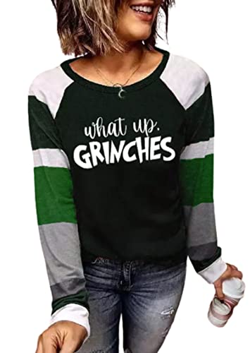 What Up Grinches Christmas Sweatshirt for Women Color Block Christmas Print Long Sleeve Top T-Shirt (Green, X-Large)