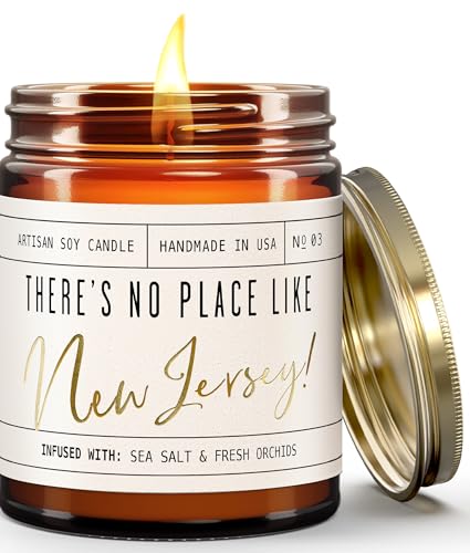 New Jersey Gifts, New Jersey Decor for Home - 'There's No Place Like New Jersey Candle, w/Sea Salt & Fresh Orchids I New Jersey Souvenirs I New Jersey State Gifts I 9oz Jar, 50Hr Burn, USA Made