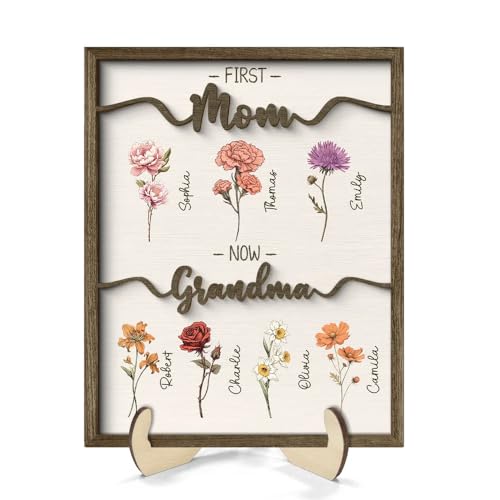 Giantbighands Mothers Day Gifts For Mom, Grandma Gifts, Customized Birth Month Flower Wood Plaque With Stand, Personalized Grandma Birthday Gifts From Grandkids, Mom Nana Gigi Gifts From Daughter Son