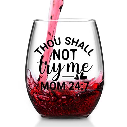 Futtumy Mom Gift, Thou Shall Not Try Me Mom Stemless Wine Glass 15oz, Funny Wine Glass for Women Mom Mother, Special Wine Gift for Mother’s Day Birthday Christmas
