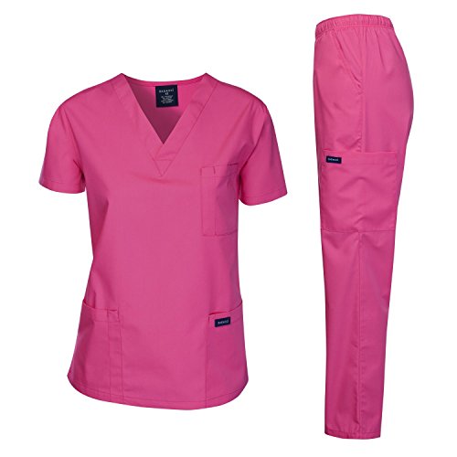 Dagacci Medical Uniform Woman and Man Scrub Set Unisex Medical Scrub Top and Pant, HOT Pink, XS