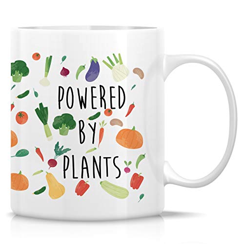 Retreez Funny Mug - Powered By Plants Vegan Vegetarian 11 Oz Ceramic Coffee Mugs - Funny, Sarcastic, Motivational, Inspirational birthday gifts for friends, him her coworkers, sister, bro, dad, mom