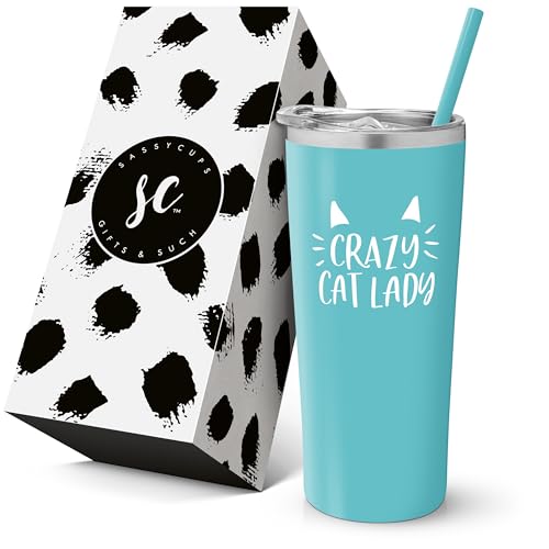 Cat Tumbler - Stainless Steel Vacuum Insulated Crazy Cat Lady Travel Mug with Lid and Straw - Cat Themed Mug For Cat Lovers - New Cat Mom Cup For Women - Valentines Day Cat Mug - Cat Insulated Tumbler