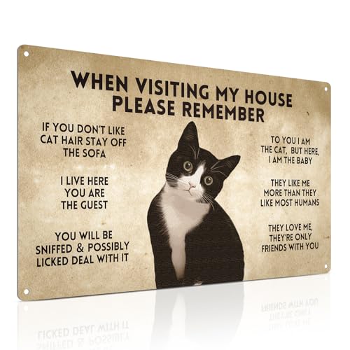 ALKB When Visiting My House Please Remember - Funny Tuxedo Cat Rules Metal Signs, Gift for Cat Lovers, Vintage Cat Signs for Wall Door Decor 8 x 12 Inch