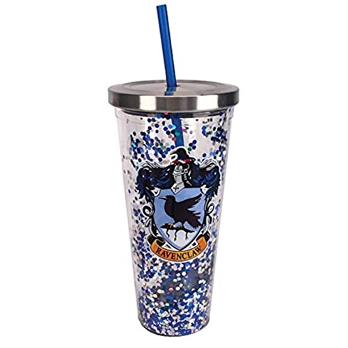 Spoontiques - Harry Potter Tumbler - Ravenclaw Glitter Cup with Straw - 20 oz - Acrylic - Blue