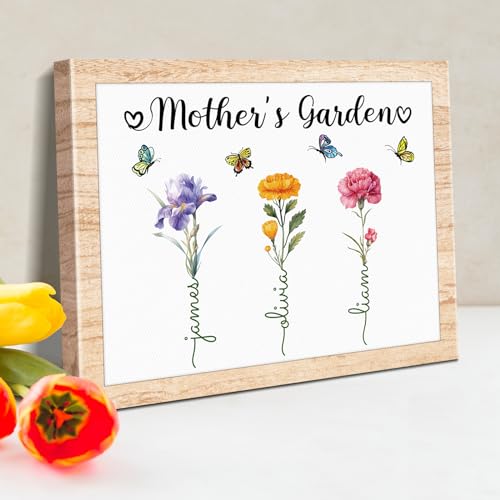 Gowelly Mothers Day Gifts, Gifts For Mom, Personalized Birth Month Flower w/Name in Mothers Garden, Custom Birthday Wife Gifts For Family Wall Home Decor, Customized Canvas Prints From Daughter (Mom)