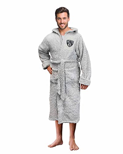 Northwest NBA Adult Plush Hooded Robe with Pockets - 100% Polyester Sherpa Blend - Machine Washable - Relaxation & Style (Brooklyn Nets - Gray, Adult One Size)