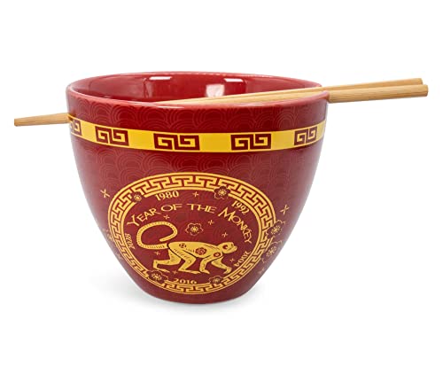 Boom Trendz Year Of The Monkey Chinese Zodiac Ceramic Dinnerware Set | Includes 16-Ounce Ramen Noodle Bowl and Wooden Chopsticks Asian Food Dish For Home & Kitchen Kawaii Lunar New Gifts red One Size
