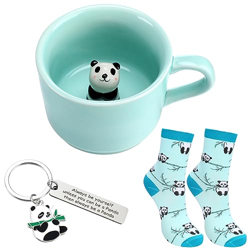 Tessco 3 Pcs Panda Theme Gift Kit for Women, Include Panda Mug Panda Socks Panda Keychain Cute Animal Ceramic Coffee Mugs for Graduation Christmas Party Favor Birthday Gifts