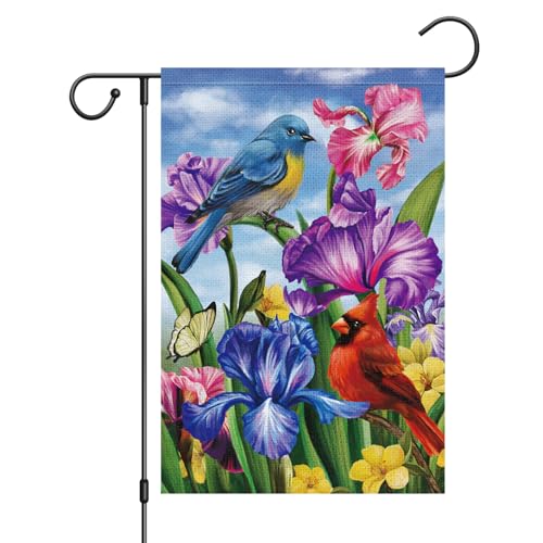 Louise Maelys Welcome Spring Summer Garden Flag 12x18 Double Sided Vertical, Burlap Small Cardinal Birds Irises Floral Garden Yard House Flags Outside Outdoor House Spring Decoration (ONLY FLAG)