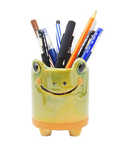 MONMOB Ceramic Frog Pencil Holder Frog Pencil Holder for Desk Accessories Decoration Succulent Plant Pot Office School Ideal Gifts for Women, Mom or Birthdays