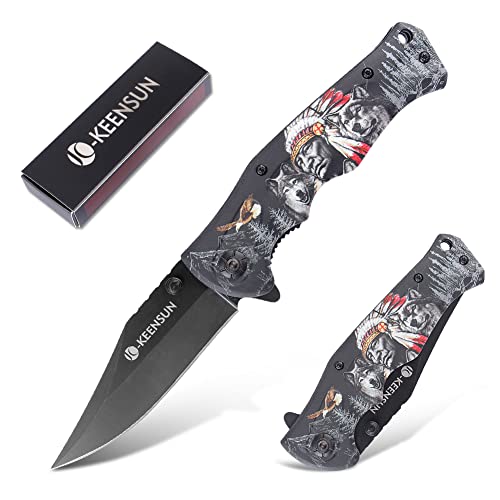 KEENSUN Pocket Folding Knife –Tactical Knife, Hunting Knife, Flipper Knife,EDC Knife.Speed Safe Spring Assisted Opening Knifes with Liner Lock,Thumb stud and Pocketclip.Good for Camping, Hiking, Indoor and Outdoor Activities,Native american & wolf 3D Printing patterns.