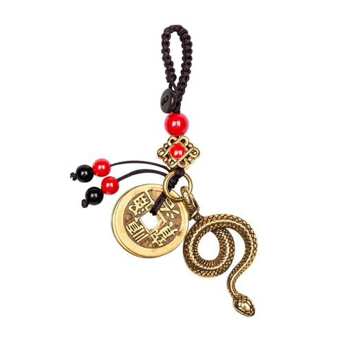Mansiyuyee Brass Chinese Zodiac Snake Statue Keychain with 5 Feng Shui Coins, Zodiac Animal Charm Lucky Snake Key Ring