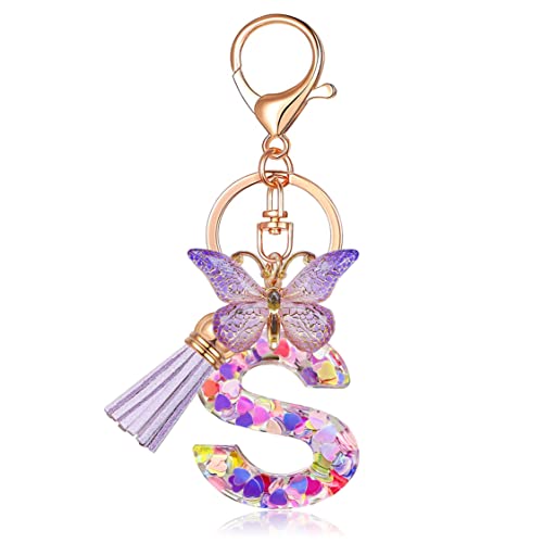 JINGUAZI Initial letter Keychains for Women Tassel Butterfly Pink Cute Car Keychain for Wallet Purses Backpack (Purple S)