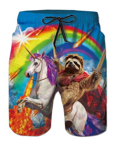 uideazone Mens Boys Swim Trunks Board Shorts Quick Dry Lightweight 3D Rainbow Unicorn Sloth Print Beach Shorts