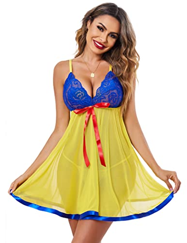 Avidlove V Neck Nightgown Sexy Sleepwear Halloween Costumes Nightdress Pettie Size Lace Lingerie for Women Yellow XL
