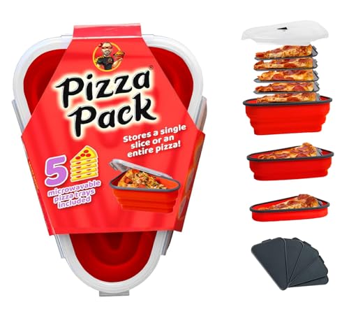 The Perfect Pizza Pack™ - Reusable Pizza Storage Container with 5 Microwavable Serving Trays - BPA-Free Adjustable Pizza Slice Container to Organize & Save Space, Red
