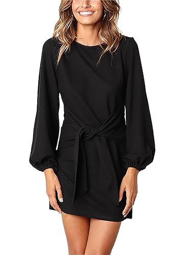PRETTYGARDEN Women’s Elegant Long Lantern Sleeve Short Dress Crewneck Tie Waist Knit Cocktail Dress Black