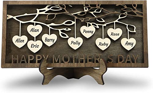 Personalized Family Sign for Mom with 2-12 Names Custom Wooden Tree of Life Frame Engraved Wood Plaques Decor Mother's Day Gifts Birthday Gift for Mother Women (9 NAMES)
