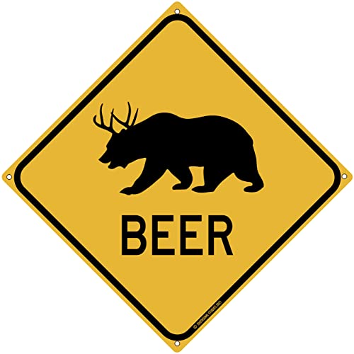 Beer Crossing Bear With Deer Antlers 12' x 12' Funny Tin Road Sign