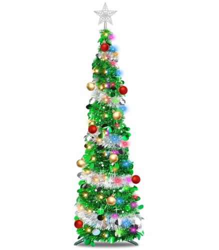 [ Dual Color Switch & Timer ] 5 Ft Pencil Christmas Tree with 50 Warm White & Multi Color Change Lights 10 Balls Ornaments 3D Star Sequins Tinsel Full Tree Christmas Decorations Home(Green Silver)