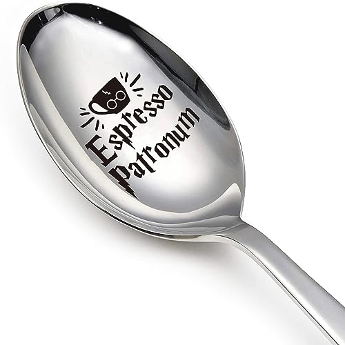 Myakako Funny Engraved Stainless Steel Espresso Patronum Spoon, Coffee and Ice Cream Spoon for Coffee Lovers, Bookworms, Harry Potter Fans Birthdays, Valentine's Day, Christmas Gifts