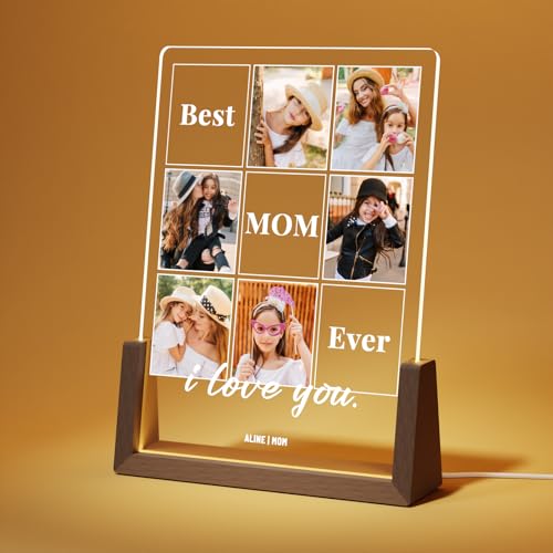 LUCKOR Personalized Mothers Day Gifts for Mom from Daughter Son Kids, Custom Walnut Picture Frame with LED for Mom's Birthday, Customized Mother's day Gifts for Wife from Husband, Best Mom Gifts