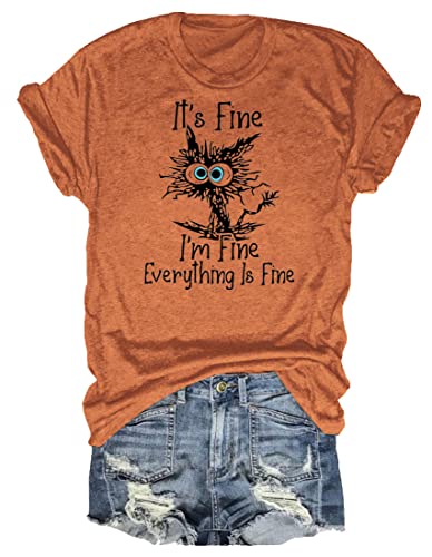 Women's I'm Fine Everything is Fine T-Shirts Short Sleeve Sayings Oversized Casual Cute Cat Graphic Tee Blouse Tops XXL Orange