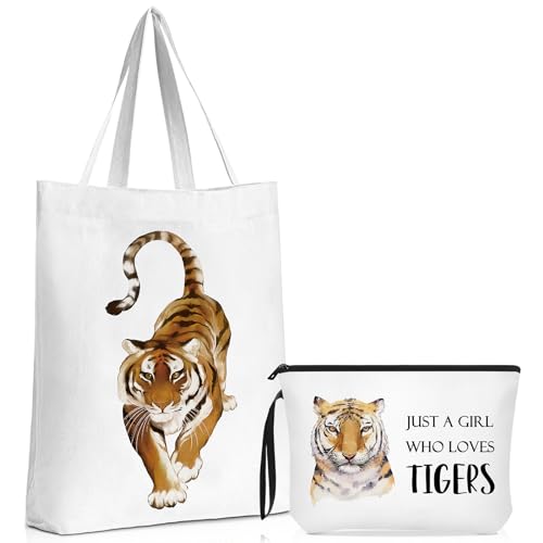 Sieral 2 Pcs Tiger Lover Gifts Include Tiger Canvas Tote Bag Tiger Makeup Bag Animal Lover Gifts Just a Girl Who Loves Tigers Gift for Daughter Sister Friends