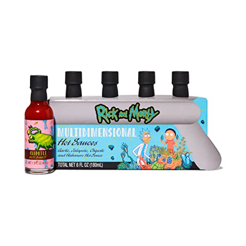 Adult Swim RICK AND MORTY Multidimensional Hot Sauce Gift Set, Officially Licensed, Includes Garlic, Jalapeño, Chipotle and Habanero, Hot Sauce Collection, Set of 4
