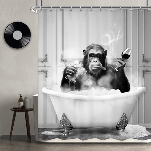 Newsely Funny Monkey Shower Curtain 60Wx72H Inch Chimpanzee in Bathtub Black White Animal Wildlife Boys Men Shower Curtain Bathroom Set Modern Cool Waterproof Bath Decoration Accessories Home Decor
