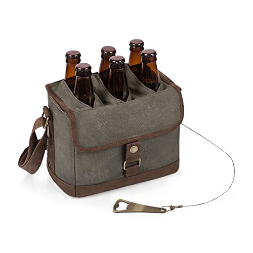 PICNIC TIME Beer Caddy with Beer Bottle Opener, 6-Pack Drink Caddy, Beer Cooler Tote, Beer Gifts for Men, (Khaki Green with Brown Accents).