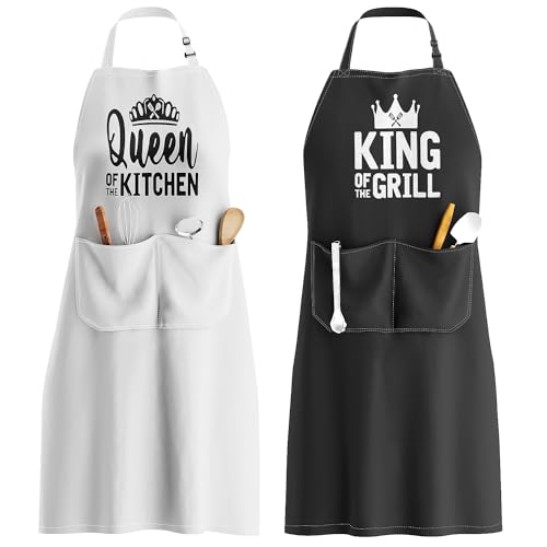 King & Queen Apron Set - Wedding Engagement Gifts for Couples, Funny Kitchen Gifts for Couples, Husband, Wife, Boyfriend, Girlfriend, Him Her, Bridal Shower Gifts, Unique Valentine's Day gifts ideas
