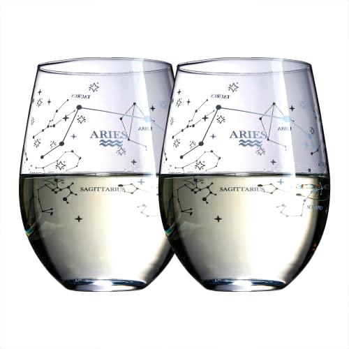 The Wine Savant Set of 2 Zodiac Sign Wine Glasses with 2 Wooden Coasters Astrology Drinking Glass Set with Etched Constellation Tumblers for Juice, Water Home Bar Horoscope Gifts 18oz (Aries)