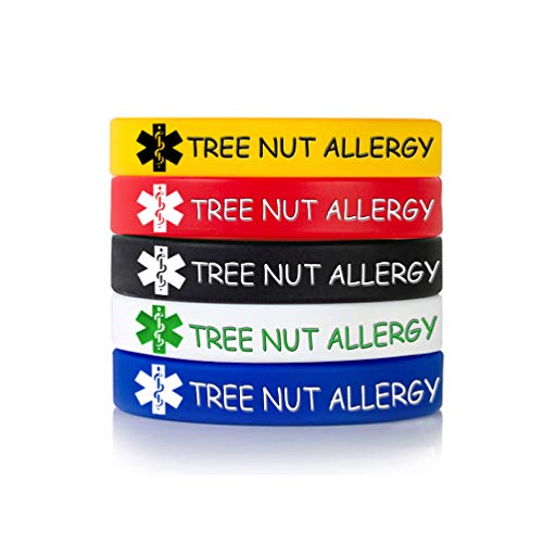 MZZJ 5 Pack TREE NUT ALLERGY Medical Alert ID Health Silicone Bracelet Allergy ID Bracelet,100% Silicone Rubber ID Bracelet Band Sport Wristband, 5.5'