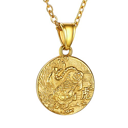 GOLDCHIC JEWELRY Chinese Zodiac Necklace, Animal Tiger Coin Pendant with 20'+2' Chain Protection Gifts for Women Men (Gift Box Included)