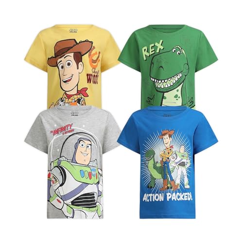 Disney Toy Story Woody, Buzz and Rex Boys’ Short Sleeve Shirt 4 Pack for Toddler and Little Kids - Yellow/Blue/Green/Grey