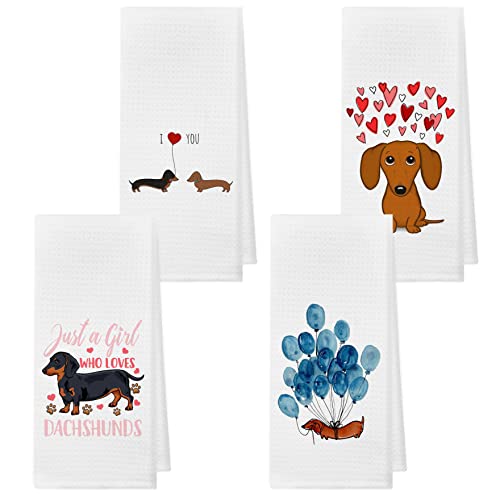 kunlisa Dachshund Themed Kitchen Dish Towels Set of 4, 16 x 24 Inches, White, Polyester