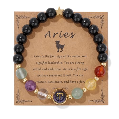 GolbalJew Aries Zodiac Bracelets Healing Crystal 12 Constellations Protection Stone Beads Bracelet for Women Birthday Zodiac Gifts Horoscope Spiritual Jewelry